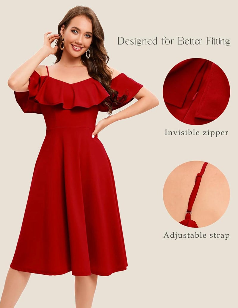 TATAIYA Women's Plus Size Off-Shoulder Cocktail Fit and Flare Dress (Red_3XL) - Image 4