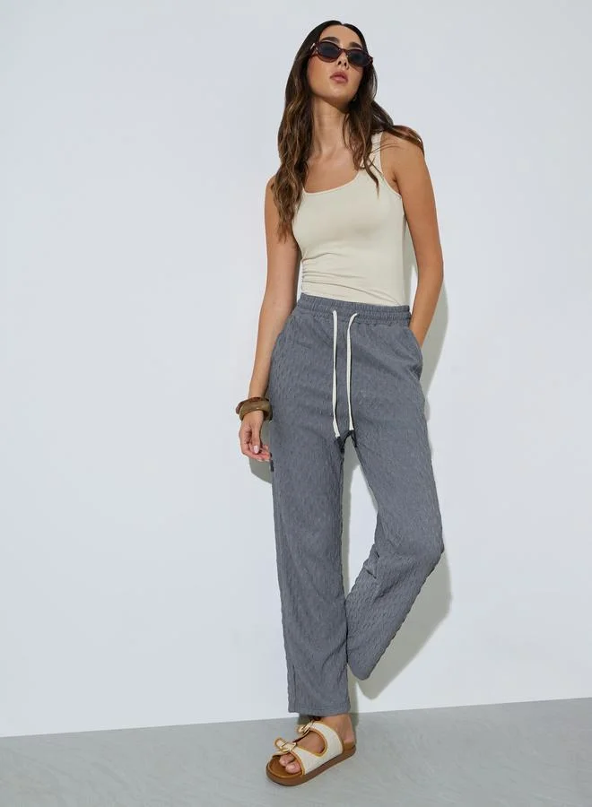 Styli Grey Textured Wide Leg Joggers with Pockets