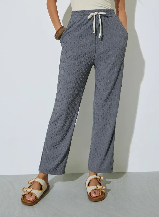 Styli Grey Textured Wide Leg Joggers with Pockets