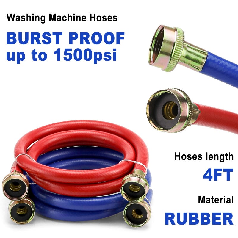 Fetechmate 4Ft Rubber Washing Machine Hoses For Washer Flexible Burst-Proof Rubber Hot And Cold Water Hoses 3/4 Inch Npt Washer Water Hoses - 2 Pack By Fetechmate - Image 3