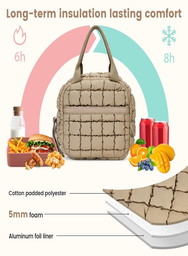 BBIQI Cute Lunch Box For Women Quilted Lunch Bag Quilted Puffy Tote Bag With Front Pocket Snack Bag Cooler Bag For Work Outdoor (Brown) - Image 2