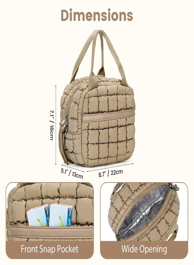 BBIQI Cute Lunch Box For Women Quilted Lunch Bag Quilted Puffy Tote Bag With Front Pocket Snack Bag Cooler Bag For Work Outdoor (Brown) - Image 4