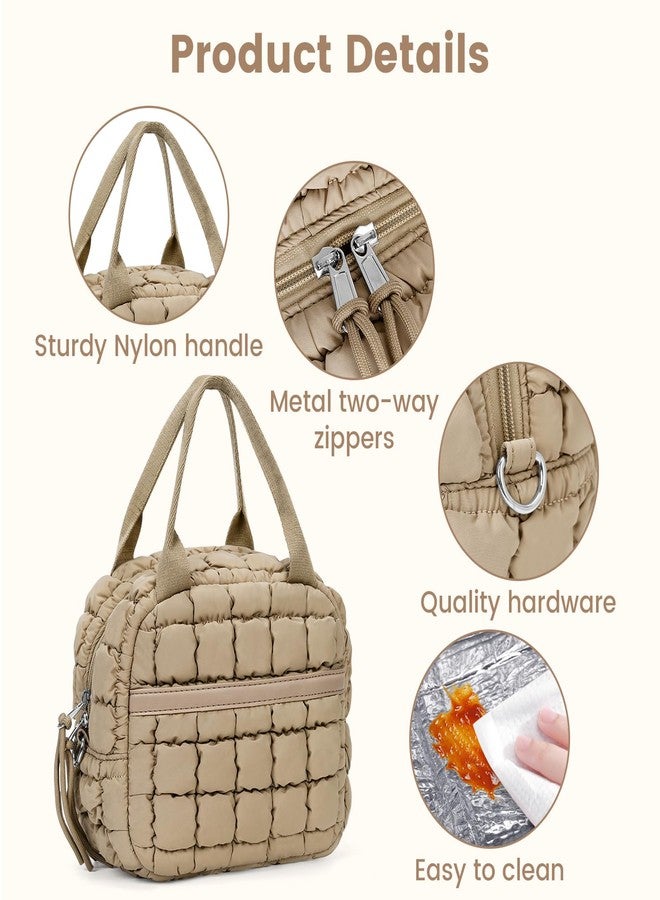 BBIQI Cute Lunch Box For Women Quilted Lunch Bag Quilted Puffy Tote Bag With Front Pocket Snack Bag Cooler Bag For Work Outdoor (Brown) - Image 5