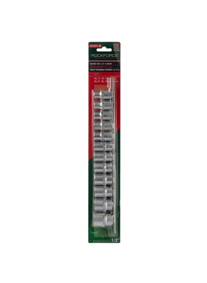 ROCKFORCE Socket set 6 point, 1/2" 12pcs (10-19,22,24mm), on bar - Image 2