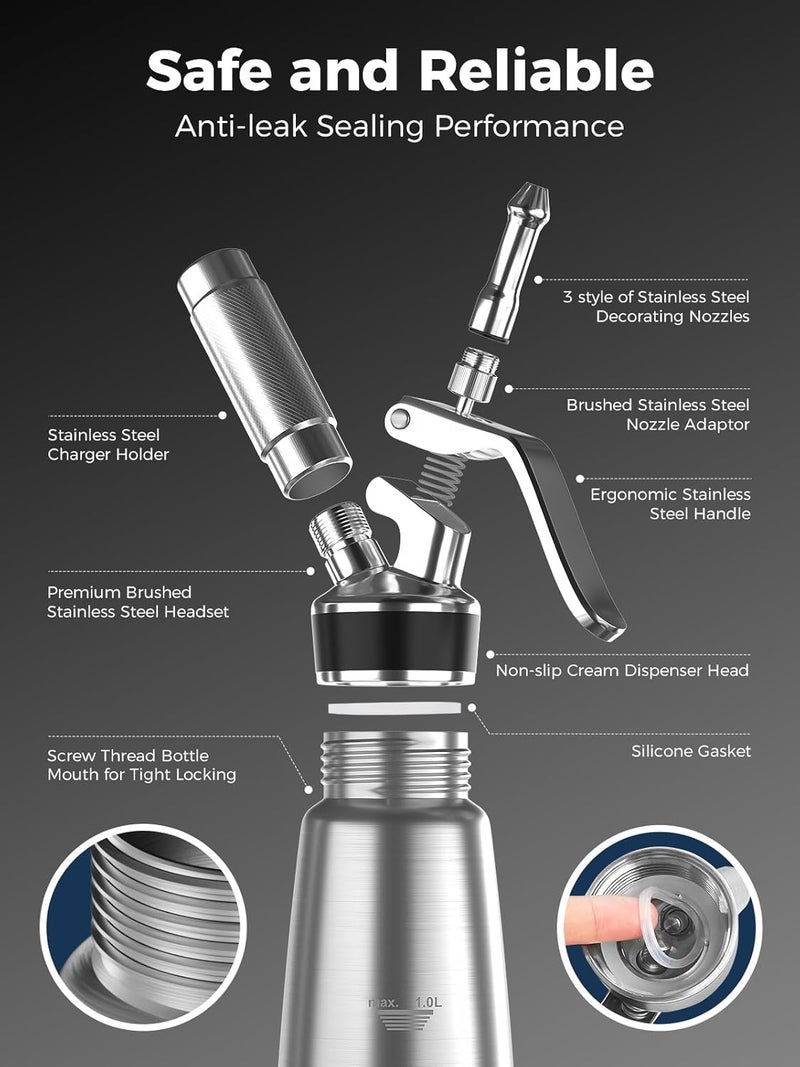 SimCoker Professional Whipped Cream Dispenser,1L Stainless Steel Cream Whipper with 3 Decorating Nozzles 1Brush 1Storage Bag,Whipped Cream Maker without N2O Charger - Image 5