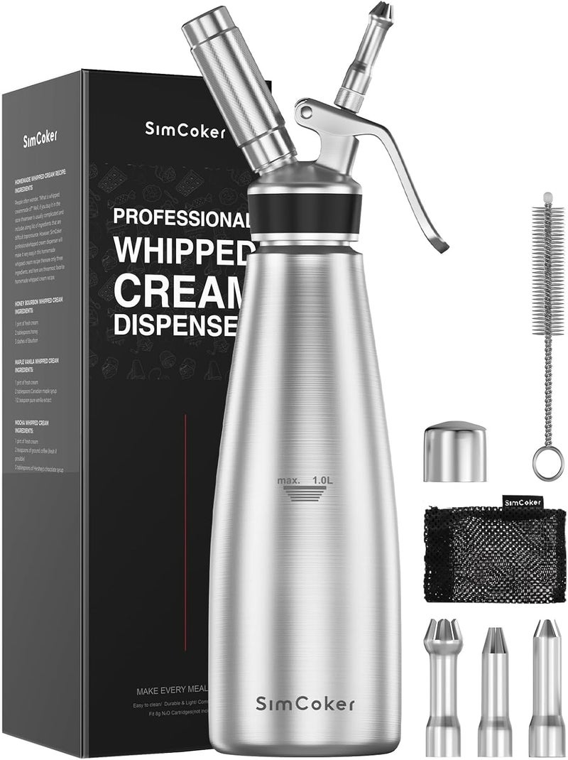 SimCoker Professional Whipped Cream Dispenser,1L Stainless Steel Cream Whipper with 3 Decorating Nozzles 1Brush 1Storage Bag,Whipped Cream Maker without N2O Charger - Image 1