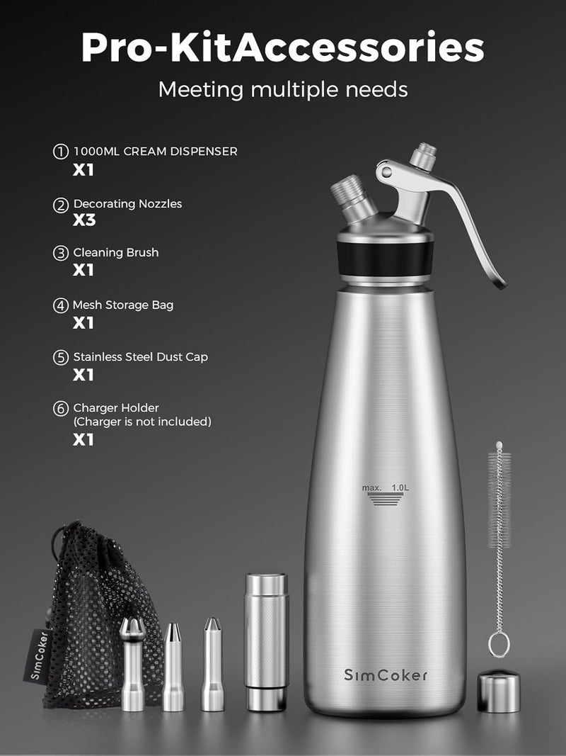 SimCoker Professional Whipped Cream Dispenser,1L Stainless Steel Cream Whipper with 3 Decorating Nozzles 1Brush 1Storage Bag,Whipped Cream Maker without N2O Charger - Image 4
