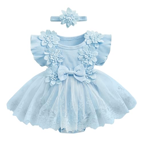 ZAXARRA Infant Baby Girl Lace Romper Baby Tulle Dress Romper Flowers Bodysuit Spring Summer Festival Clothes with Headband (Blue, 3-6 Months) - Image 1