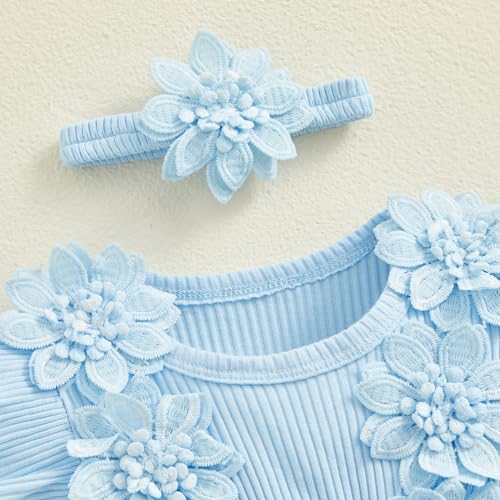 ZAXARRA Infant Baby Girl Lace Romper Baby Tulle Dress Romper Flowers Bodysuit Spring Summer Festival Clothes with Headband (Blue, 3-6 Months) - Image 4