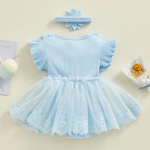 ZAXARRA Infant Baby Girl Lace Romper Baby Tulle Dress Romper Flowers Bodysuit Spring Summer Festival Clothes with Headband (Blue, 3-6 Months) - Image 3