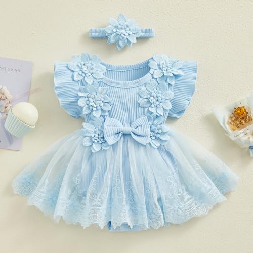 ZAXARRA Infant Baby Girl Lace Romper Baby Tulle Dress Romper Flowers Bodysuit Spring Summer Festival Clothes with Headband (Blue, 3-6 Months) - Image 2