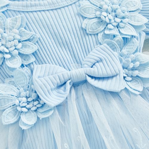 ZAXARRA Infant Baby Girl Lace Romper Baby Tulle Dress Romper Flowers Bodysuit Spring Summer Festival Clothes with Headband (Blue, 3-6 Months) - Image 5