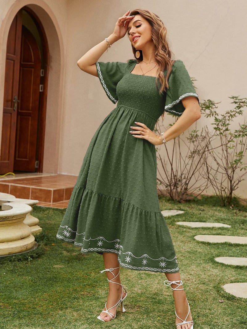 Glamaker Women's Short Sleeve Smocked Square Neck A Line Summer Flowy Midi Dress Grass Green Medium - Image 2