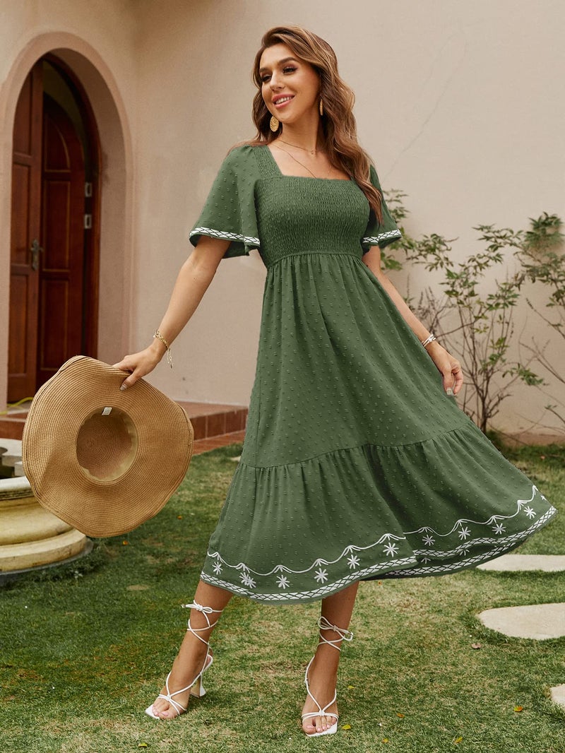 Glamaker Women's Short Sleeve Smocked Square Neck A Line Summer Flowy Midi Dress Grass Green Medium - Image 5
