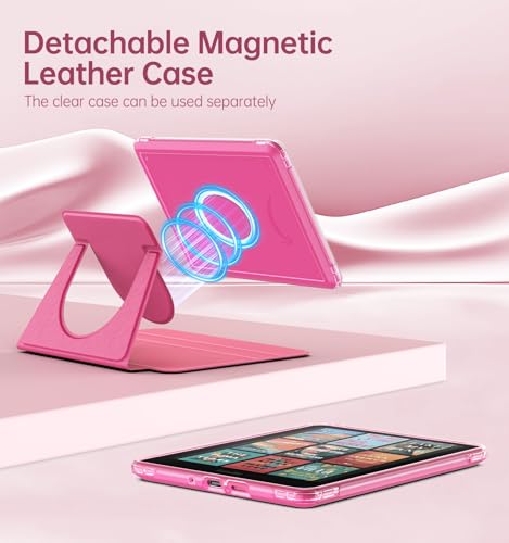 MoKo 360° Rotating Case for 7" Kindle Paperwhite 12th Generation 2024 & Kindle Colorsoft 2024/2025, Clear Back Detachable Magnetic Protective Adjustable Stand Cover with Auto Wake/Sleep, Raspberry - Image 3