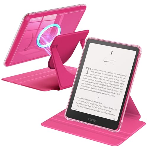 MoKo 360° Rotating Case for 7" Kindle Paperwhite 12th Generation 2024 & Kindle Colorsoft 2024/2025, Clear Back Detachable Magnetic Protective Adjustable Stand Cover with Auto Wake/Sleep, Raspberry - Image 1