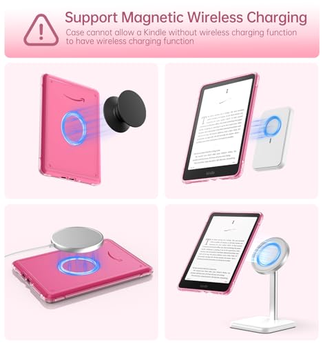 MoKo 360° Rotating Case for 7" Kindle Paperwhite 12th Generation 2024 & Kindle Colorsoft 2024/2025, Clear Back Detachable Magnetic Protective Adjustable Stand Cover with Auto Wake/Sleep, Raspberry - Image 5