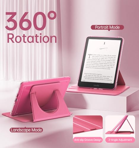 MoKo 360° Rotating Case for 7" Kindle Paperwhite 12th Generation 2024 & Kindle Colorsoft 2024/2025, Clear Back Detachable Magnetic Protective Adjustable Stand Cover with Auto Wake/Sleep, Raspberry - Image 4