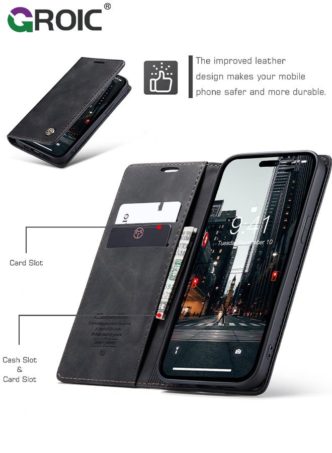 GROIC غطاء موبايل لأيفون 16 بلس، غطاء محفظة جلدية فاخرة، حالة محفظة جلدية بتصميم كلاسيكي مع فتحة بطاقة وحالة قابلة للطي مغناطيسياً، غلاف أيفون 16 بلس 6.7'' - Image 2