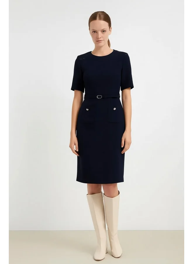 Mısırlı 1951 Navy Belt and Pocket Detailed Short Sleeve Dress.