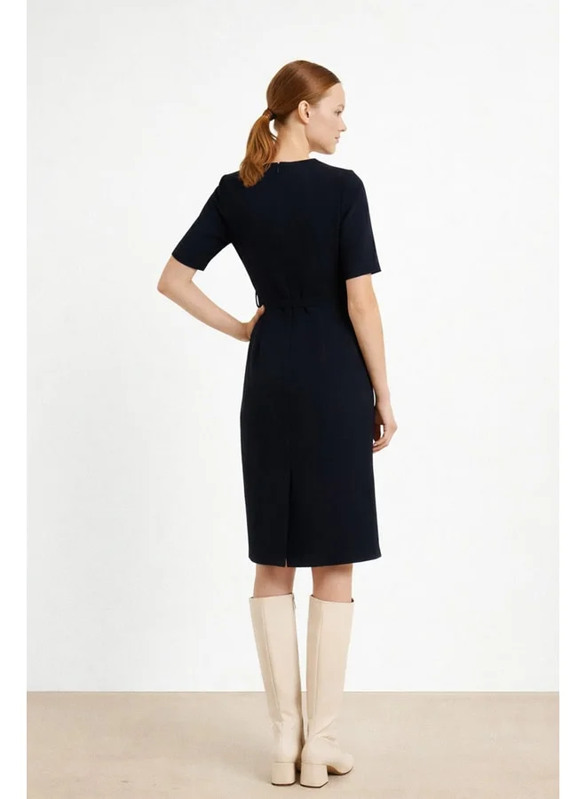 Mısırlı 1951 Navy Belt and Pocket Detailed Short Sleeve Dress.