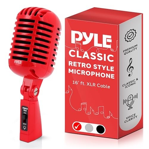 Pyle Classic Retro Dynamic Vocal Microphone Old Vintage Style Unidirectional Cardioid Mic with XLR Cable Universal Stand Compatible Live Performance InStudio Recording Pro PDMICR42R Red - Image 1