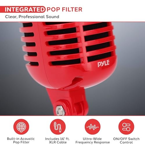 Pyle Classic Retro Dynamic Vocal Microphone Old Vintage Style Unidirectional Cardioid Mic with XLR Cable Universal Stand Compatible Live Performance InStudio Recording Pro PDMICR42R Red - Image 3