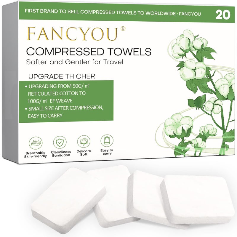 Fancyou Disposable Face Towel 12"x9" Thicken, 20 Pack Compressed Towel Tablets, Clean Reusable Face Cloths, Compact Mini Portable Cotton Washcloths for Travel Beauty Gym BBQ Home Office Use - Image 1
