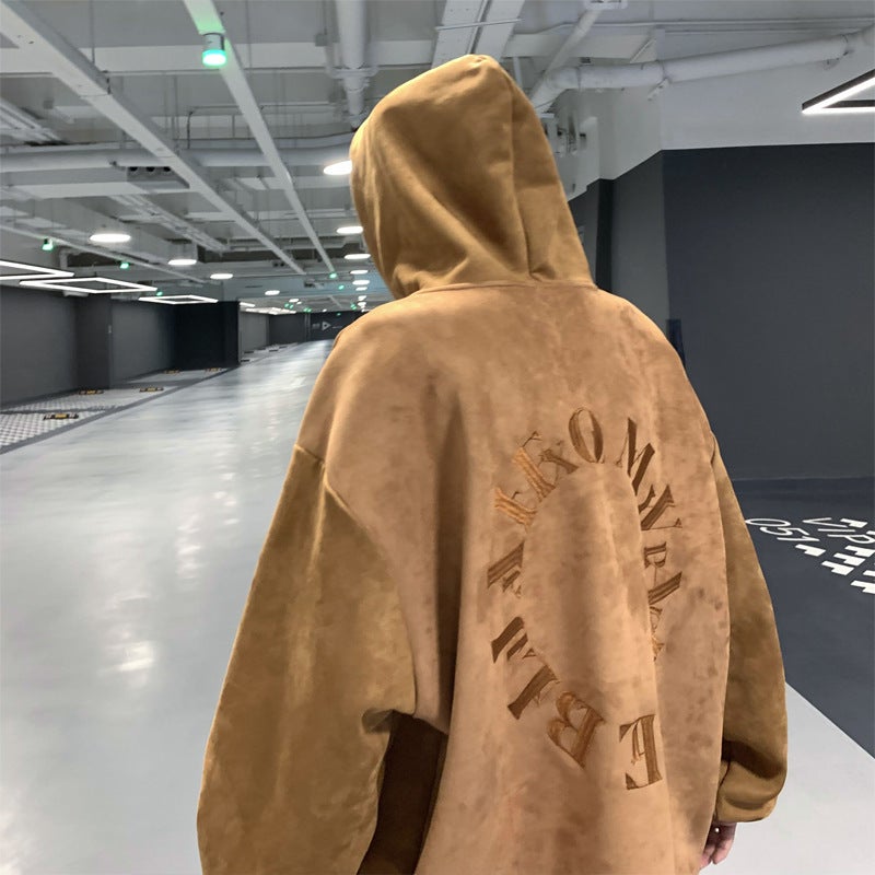 Mens Vintage Velvet Hoodie Embroidered Loose Fit Brown  - Image 1