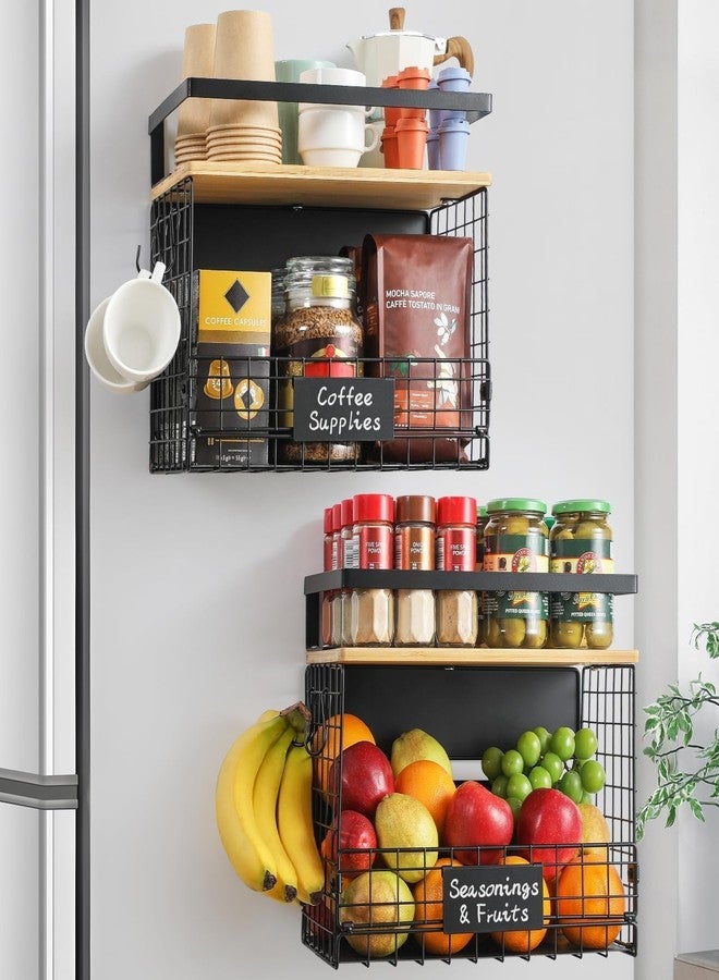 Snuvid 2 SET Strong Magnetic Shelf for Fridge with Tag & Bamboo Top, XXL Large Capacity Magnetic Spice Rack Shelves for Side of Refrigerator, Kitchen Pantry Storage Organizer, Multiuse Food Fruit Veg Baskets - Image 1