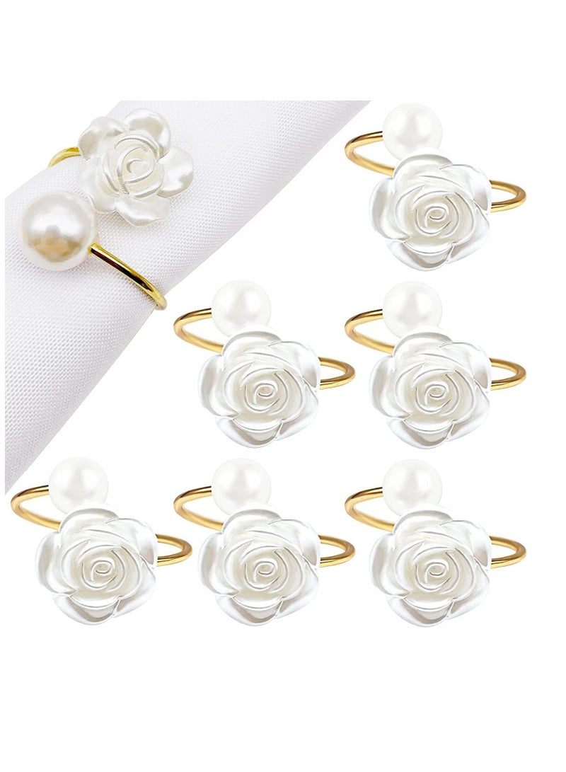 Mmmon 6 Pcs Napkin Rings,White Rose Pearl Dining Table Napkin Ring Holder,Vintage Paper Towel Rings for Valentine's Day Wedding Banquet Home Table Decorations