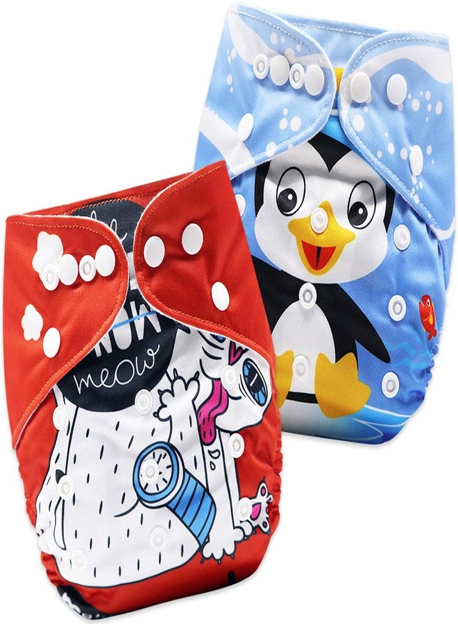 Bembika Cloth Diapers for Babies,Washable Reusable Cloth Diaper ll Sizes Adjustable (2 Diapers Combo)(Driving Cat + Penguin)(0-2 Years)(No Inserts Included) - Image 1