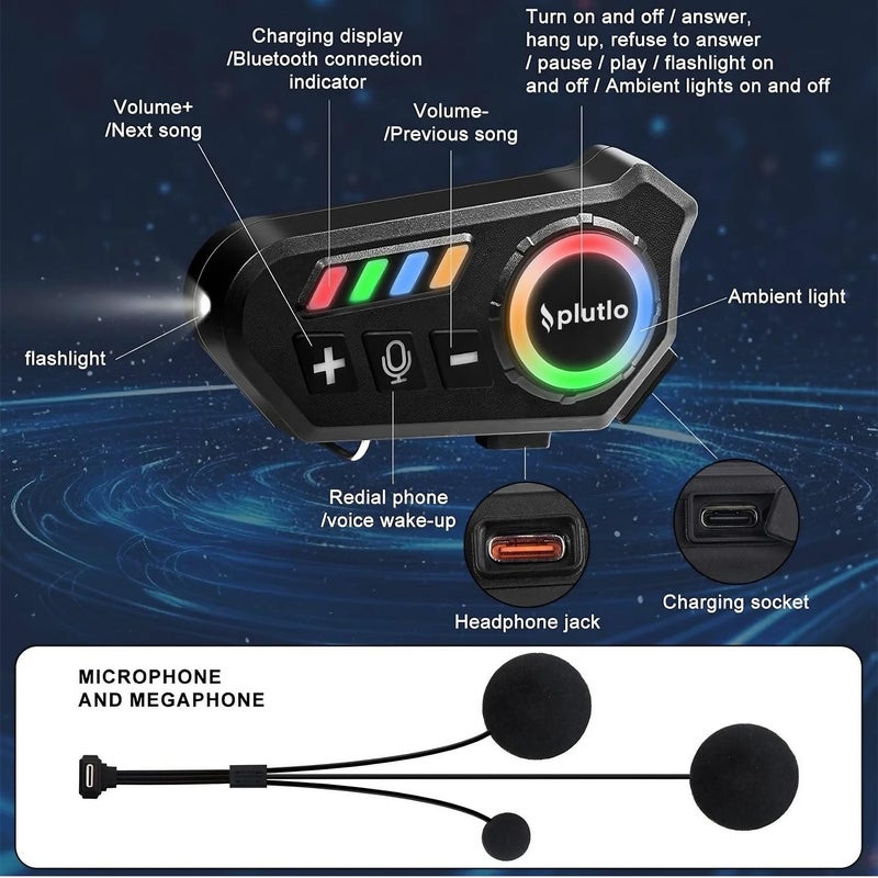 PLUTLO Motorcycle Helmet Bluetooth on Ear Headset with 1000mAh Battery (40H Playtime, USB-C Fast Charging) Bluetooth 5.4, Noise Cancelling Mic, Waterproof IPX8, Hands-Free Calls & Voice Assistant - Image 3