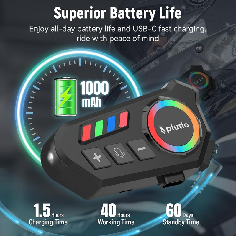 PLUTLO Motorcycle Helmet Bluetooth on Ear Headset with 1000mAh Battery (40H Playtime, USB-C Fast Charging) Bluetooth 5.4, Noise Cancelling Mic, Waterproof IPX8, Hands-Free Calls & Voice Assistant - Image 5