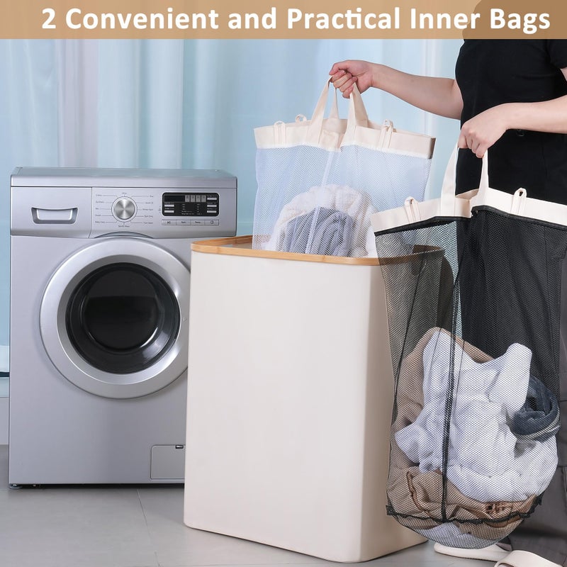 iEGrow 150L Laundry Basket with Lid, Large Laundry Hamper with Bamboo Handle, Collapsible Dirty Clothes Hamper Organizer with 2 Removable Inner Bags for Clothes Toys Towels - Beige - Image 5