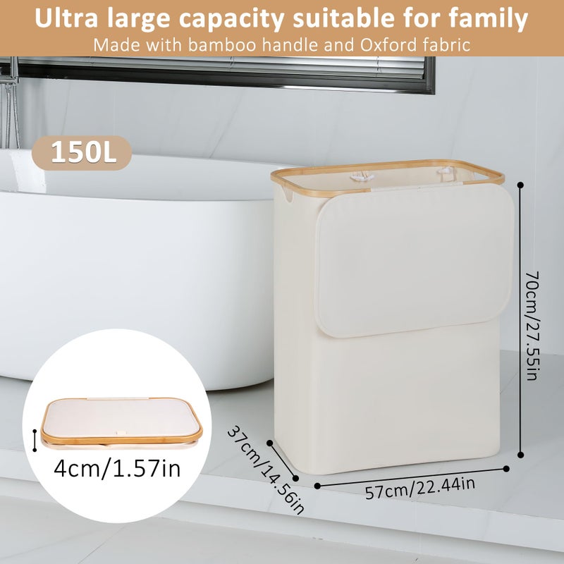 iEGrow 150L Laundry Basket with Lid, Large Laundry Hamper with Bamboo Handle, Collapsible Dirty Clothes Hamper Organizer with 2 Removable Inner Bags for Clothes Toys Towels - Beige - Image 2