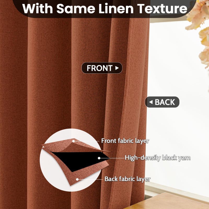 COSVIYA 100% Blackout Burnt Orange Linen Curtains & Drapes 72 Inch Length 2 Panels Set  Full Room Darkening Grommet Insulated Thermal Window Panels for Bedroom/Living Room 52x72 inches - Image 3
