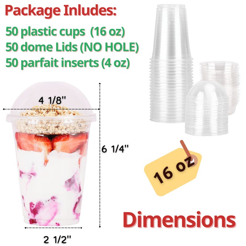 Aatriet 16 oz Clear Plastic Parfait Cups with Insert 4oz & Dome Lids No Hole - (50 Sets) Yogurt Fruit Parfait Cups for Dips and Veggies  Take Away Breakfast and Snacks. No Leaking - Image 1