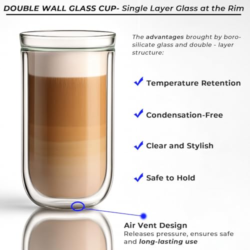 Aquach Double Wall Glass Cup 16oz 2pcs, Clear Insulated Coffee Drinking Glasses, Single Mouth/Double Body - Image 5