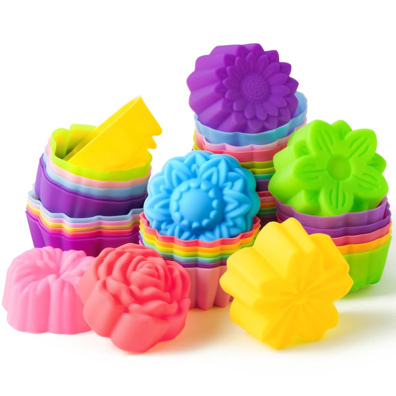 R HORSE 42 Pack Mini Silicone Cupcake Molds Multi Flower Shaped Baking Cups NonStick Muffin Baking Mould Washable Cupcake Cake Cup Liners Mold for Soap Dessert Pudding Donut Party Supplies