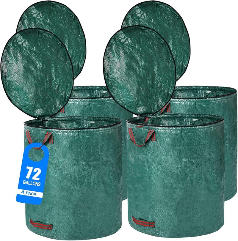 Pilntons 4 Pack 72 Gallons Reusable Yard Waste Bags with Lid Extra Large Lawn Leaf Bags Heavy Duty with 4 Handles Garden Waste Bags Container for Clean Up Outdoor Debris Leaves Grass Clippings - Image 1