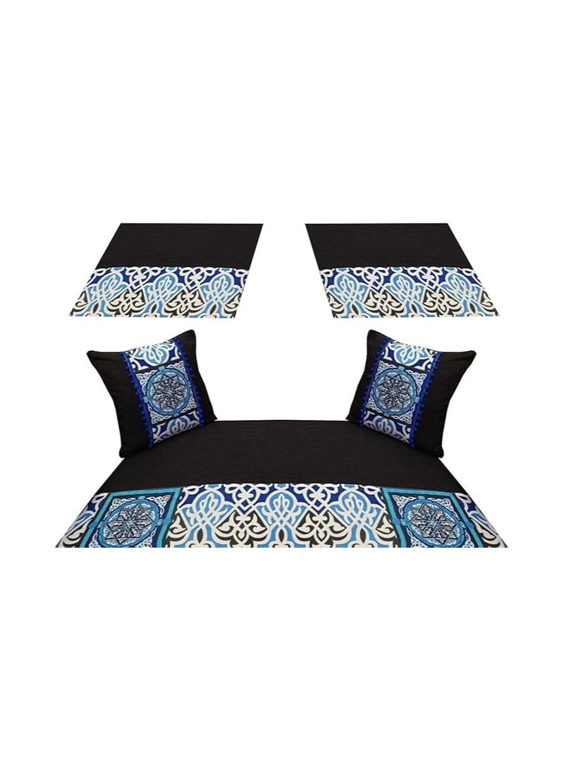 طقم غطاء للكنبه قماش دك في خيامي 5 قطع 1 غطاء كنبه +2 وساده + 2 مسند - اسود x ازرق
