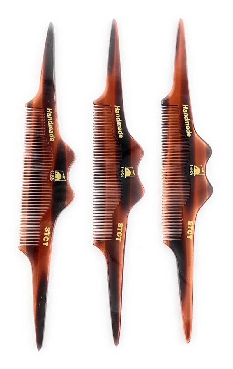 GBS Stylish STCT Handmade Hair Comb Cellulose Acetate Unbreakable Combs Mustache Comb for Mens Teasing Hair Comb Unique Design Tortoise Shell AntiStatic Fine Tooth Pack of 3