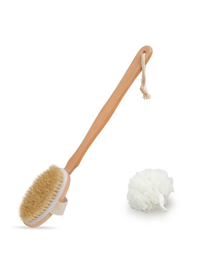 Bamfan Body Brush for Bath or Shower - Dry or Wet Skin Exfoliating Long Wood Handle Back Scrubber with White Sponge - Image 1