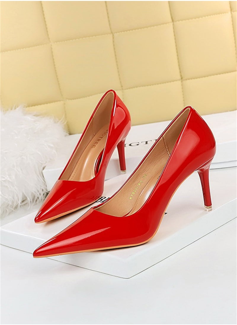 BIGTREE 7.5cm Fashion Simple Slim Heels High Heels Bright Surface Patent Leather Shallow Mouth Pointed Women's Heels Red  - Image 1
