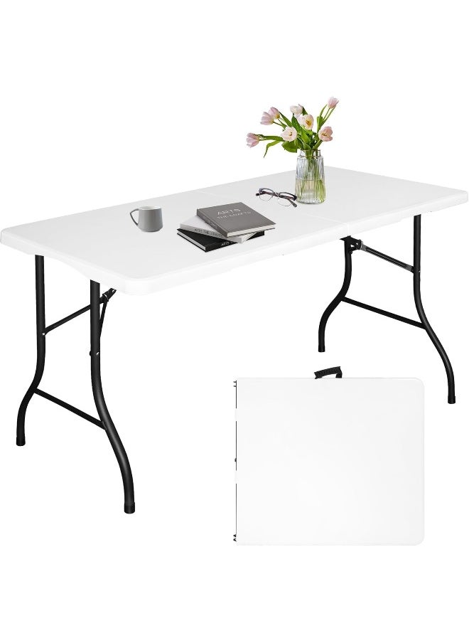 MOMENT [1.5M] Foldable Lightweight Trestle Outdoor Camping Tables, Heavy Duty Plastic Outdoor Picnic Table, Folding Trestle Table For Bbq Party, Folds In Half With Carry Handle, White [150×70×75Cm]  - Image 1