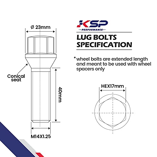 KSP PERFORMANCE KSP M14x1.25 Lug Bolts for I3 I8 M2 M4 F80 X2 X4 X6, Conical Seat Extended 40mm Shank HEX 17mm Black Dacromet Studs Compatible with BMW, Package of 5PCS - Image 2