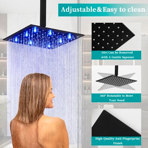 SKOWLL Ceiling Mounted Shower System Set, Matte Black 12 Inch Rain Shower Head with LED Lights, Bathroom Shower Faucet Set with Handheld Rough-in Valve Included - Image 5