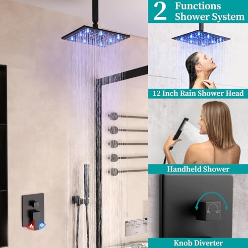 SKOWLL Ceiling Mounted Shower System Set, Matte Black 12 Inch Rain Shower Head with LED Lights, Bathroom Shower Faucet Set with Handheld Rough-in Valve Included - Image 4