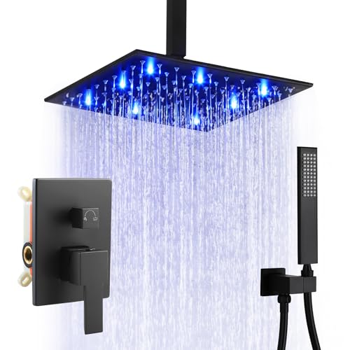 SKOWLL Ceiling Mounted Shower System Set, Matte Black 12 Inch Rain Shower Head with LED Lights, Bathroom Shower Faucet Set with Handheld Rough-in Valve Included - Image 1